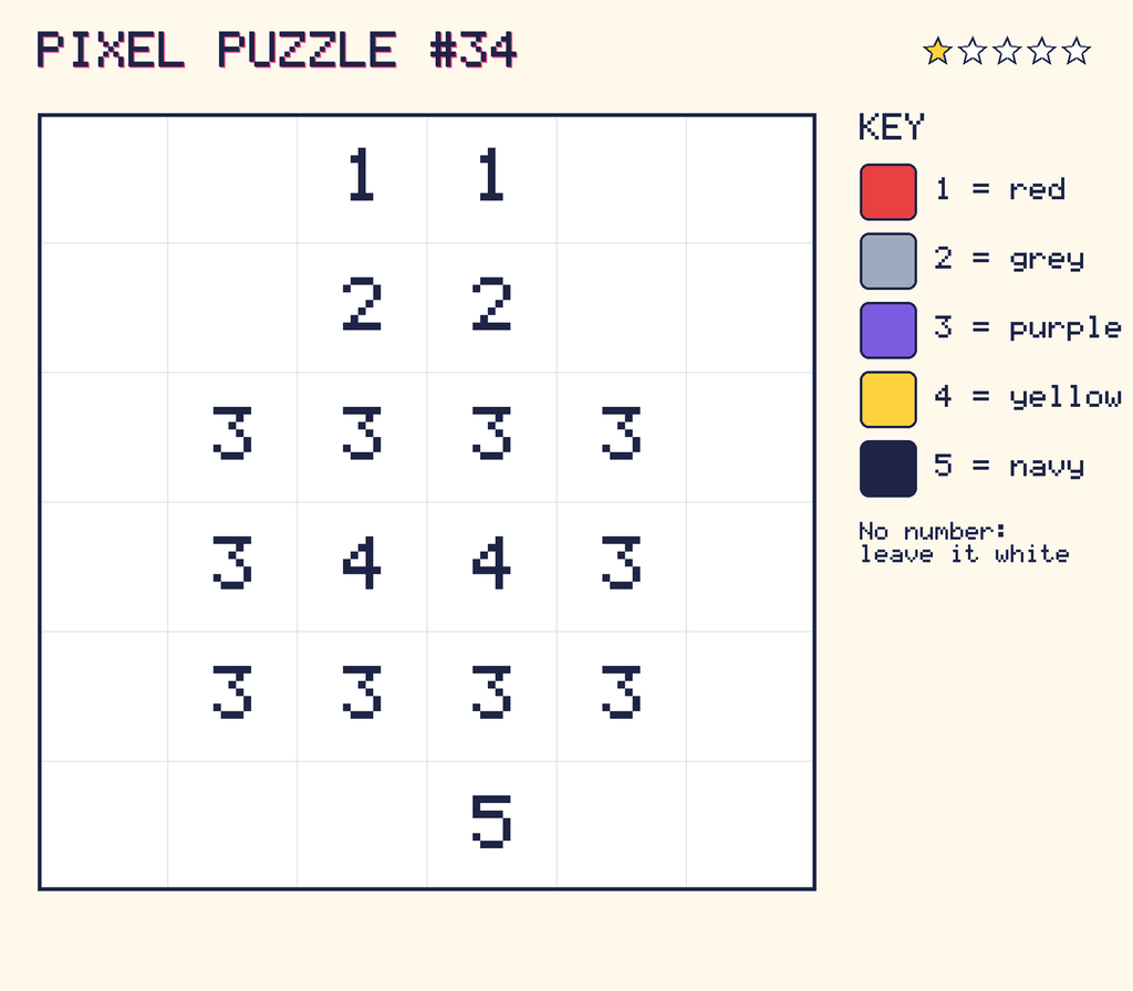 Pixel puzzle 34: a 6 by 6 number grid with a colour key.