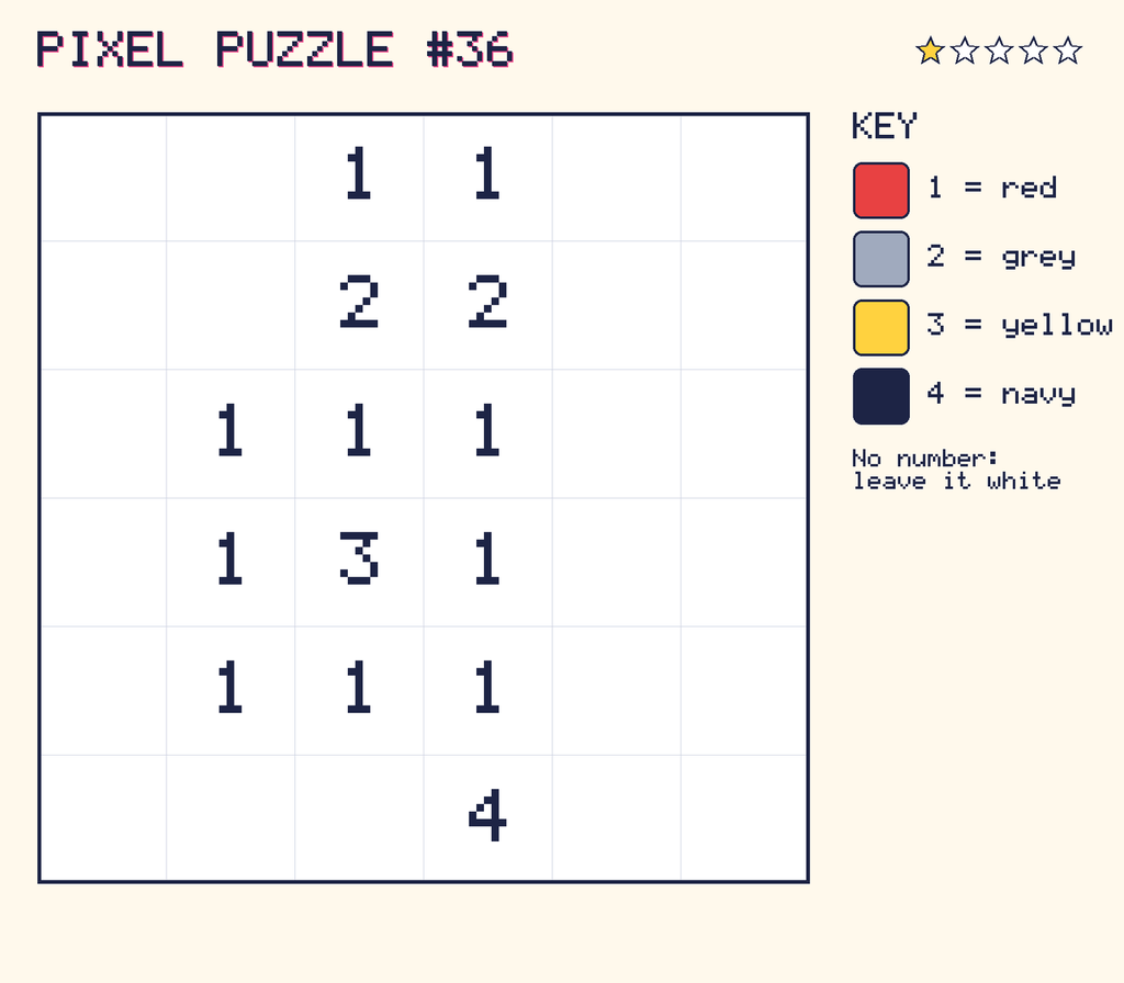 Pixel puzzle 36: a 6 by 6 number grid with a colour key.