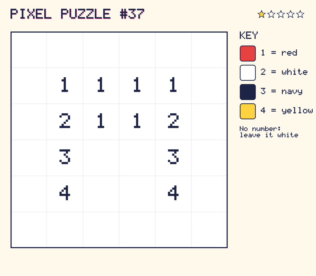 Pixel puzzle 37: a 6 by 6 number grid with a colour key.