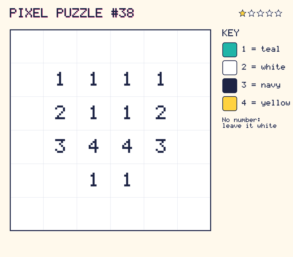 Pixel puzzle 38: a 6 by 6 number grid with a colour key.