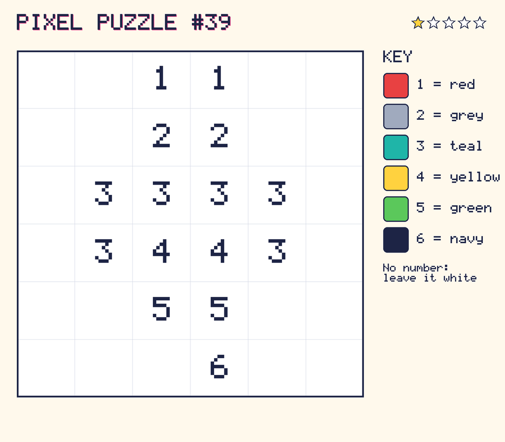 Pixel puzzle 39: a 6 by 6 number grid with a colour key.