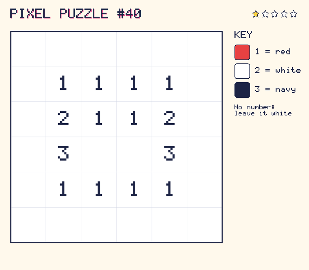 Pixel puzzle 40: a 6 by 6 number grid with a colour key.