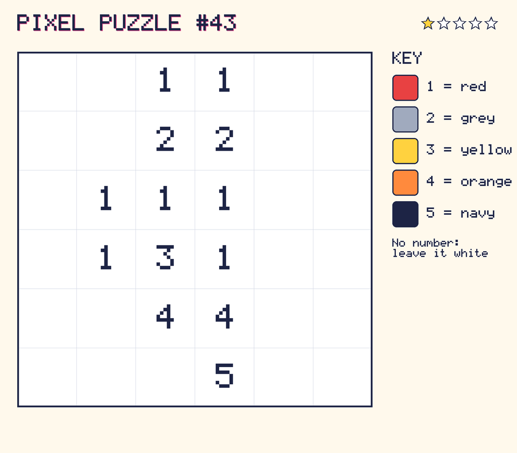 Pixel puzzle 43: a 6 by 6 number grid with a colour key.
