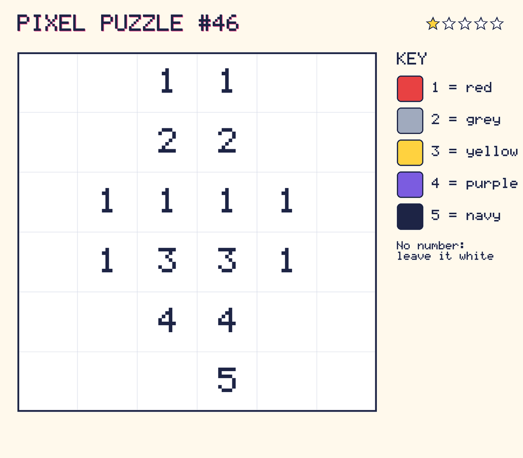 Pixel puzzle 46: a 6 by 6 number grid with a colour key.