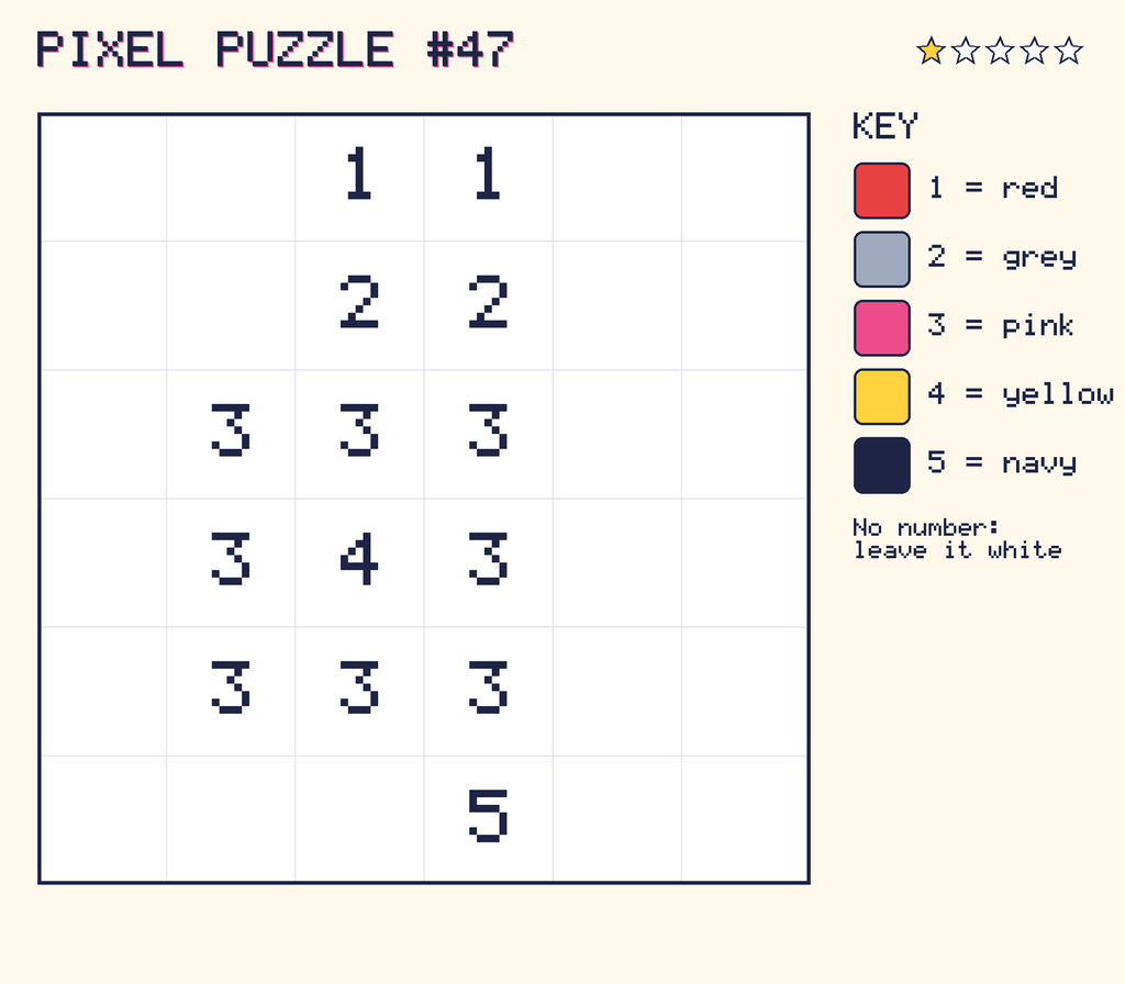 Pixel puzzle 47: a 6 by 6 number grid with a colour key.