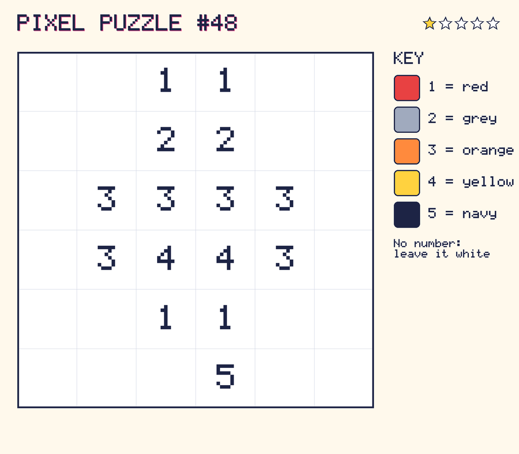 Pixel puzzle 48: a 6 by 6 number grid with a colour key.