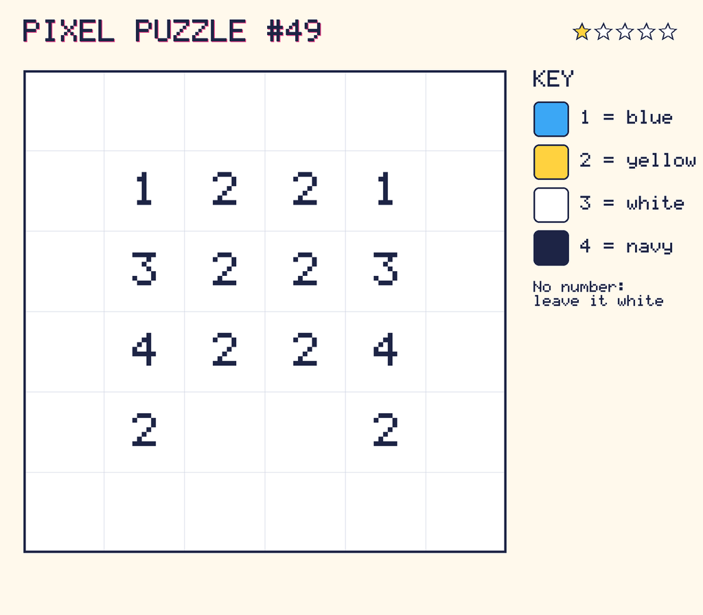 Pixel puzzle 49: a 6 by 6 number grid with a colour key.