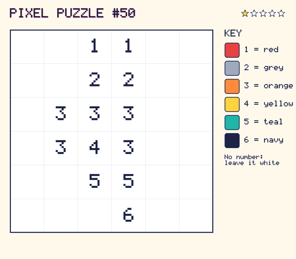 Pixel puzzle 50: a 6 by 6 number grid with a colour key.