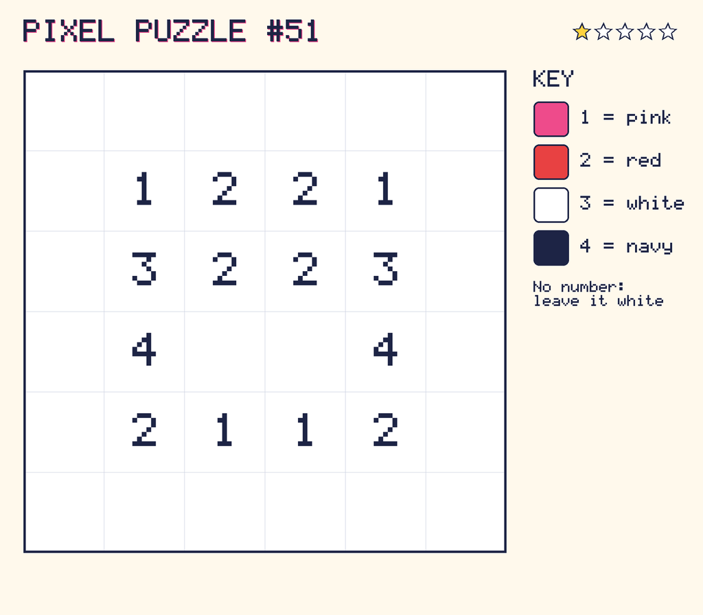 Pixel puzzle 51: a 6 by 6 number grid with a colour key.