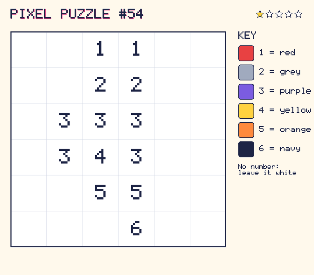 Pixel puzzle 54: a 6 by 6 number grid with a colour key.