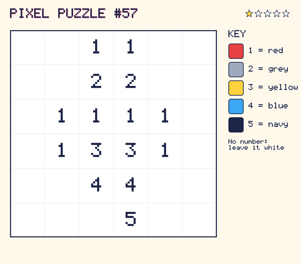 Pixel puzzle 57: a 6 by 6 number grid with a colour key.
