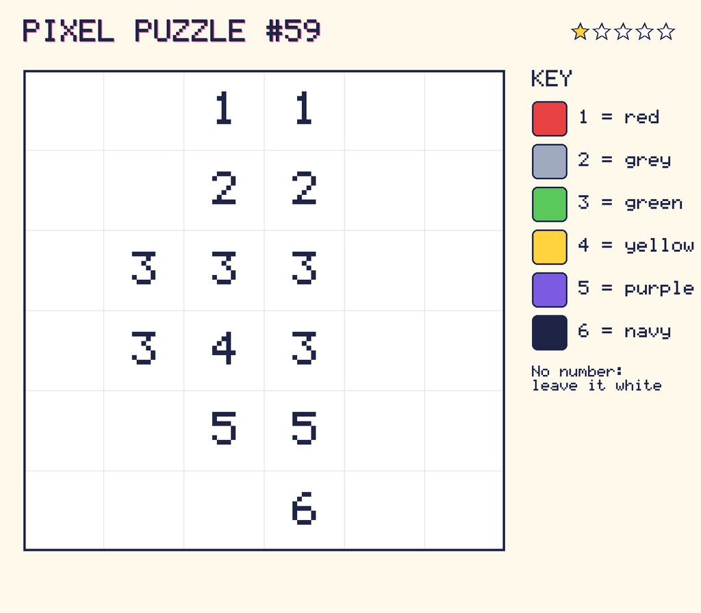 Pixel puzzle 59: a 6 by 6 number grid with a colour key.