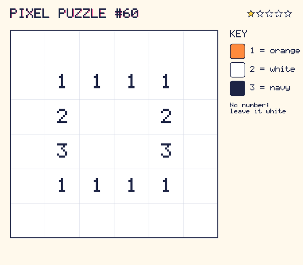 Pixel puzzle 60: a 6 by 6 number grid with a colour key.