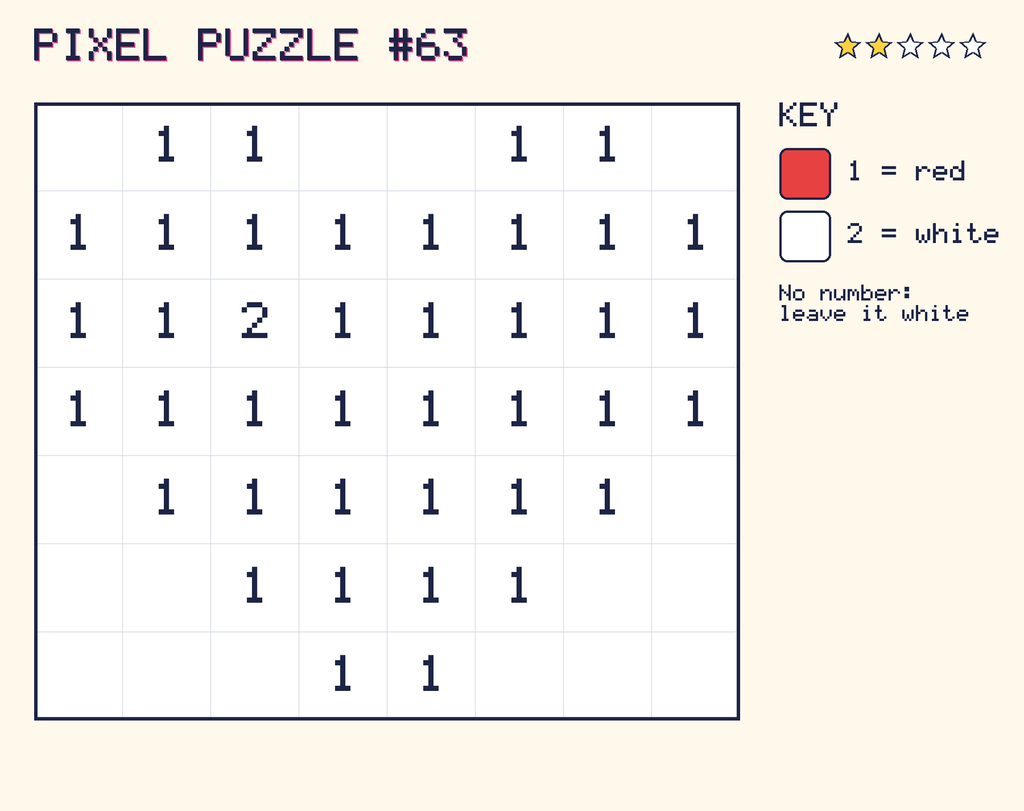 Pixel puzzle 63: a 8 by 7 number grid with a colour key.