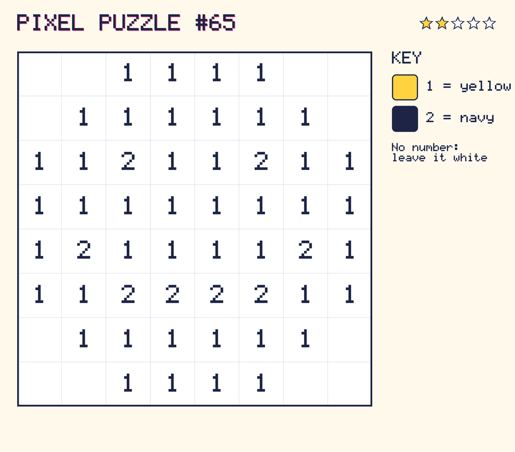 Pixel puzzle 65: a 8 by 8 number grid with a colour key.