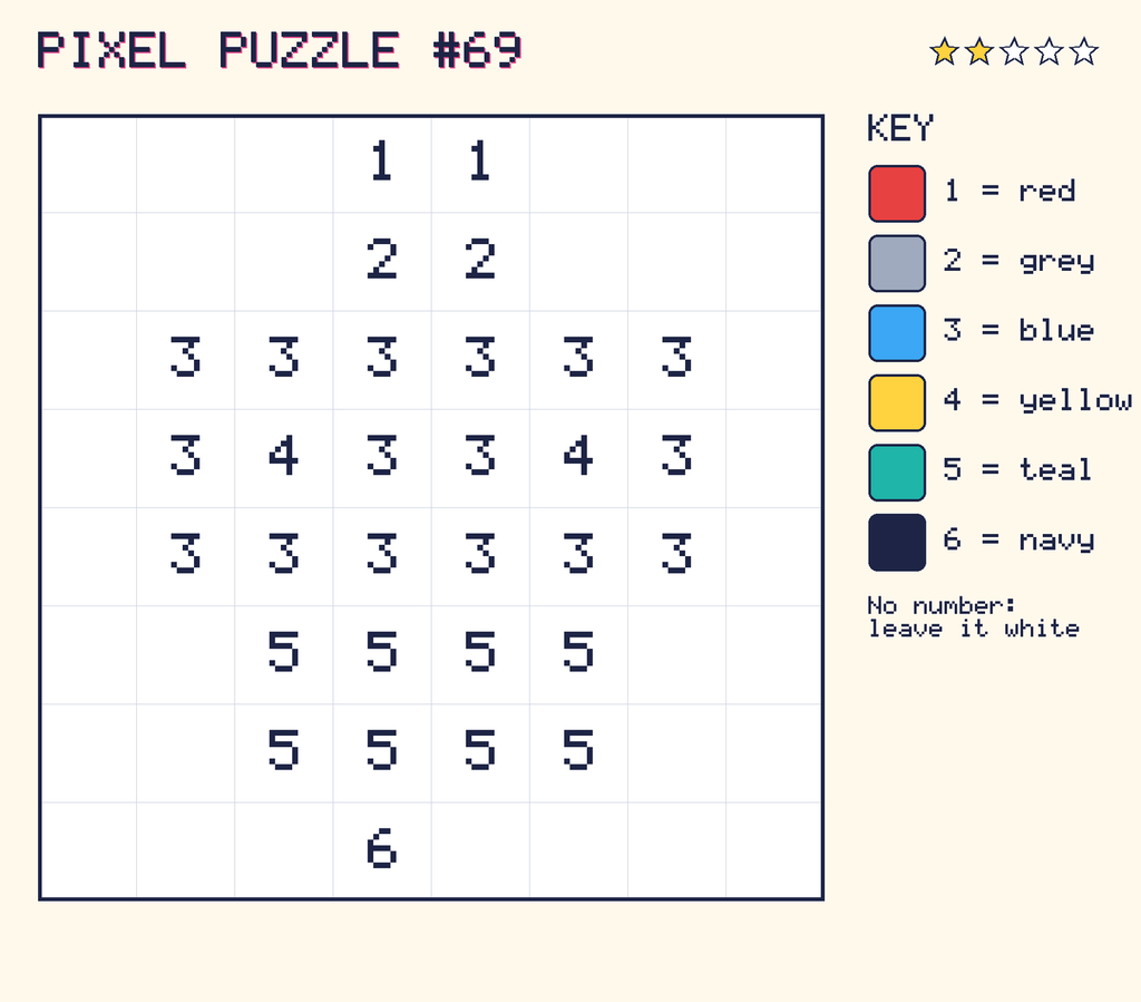Pixel puzzle 69: a 8 by 8 number grid with a colour key.