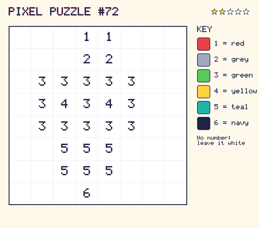 Pixel puzzle 72: a 8 by 8 number grid with a colour key.