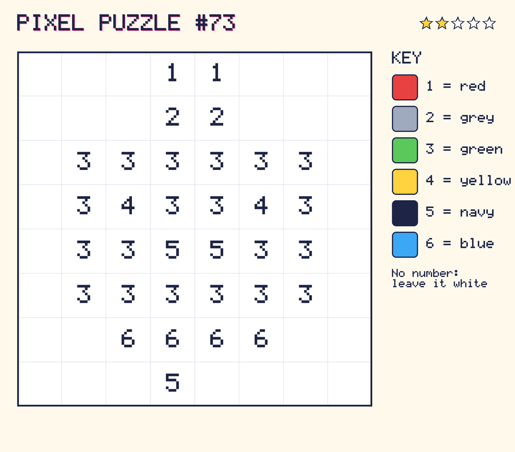 Pixel puzzle 73: a 8 by 8 number grid with a colour key.