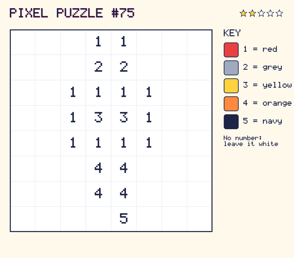 Pixel puzzle 75: a 8 by 8 number grid with a colour key.