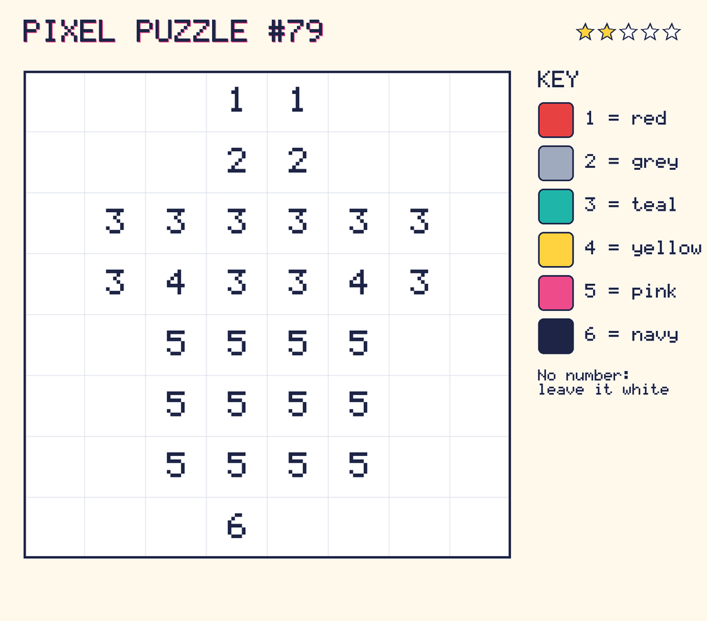 Pixel puzzle 79: a 8 by 8 number grid with a colour key.