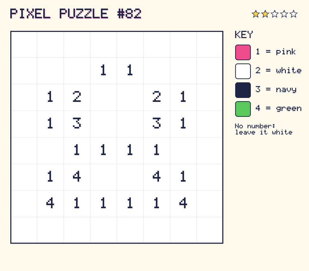 Pixel puzzle 82: a 8 by 8 number grid with a colour key.