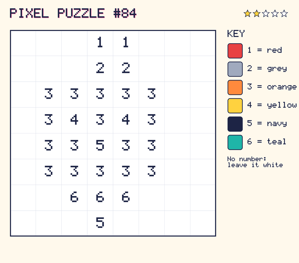 Pixel puzzle 84: a 8 by 8 number grid with a colour key.