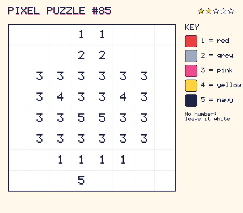 Pixel puzzle 85: a 8 by 8 number grid with a colour key.