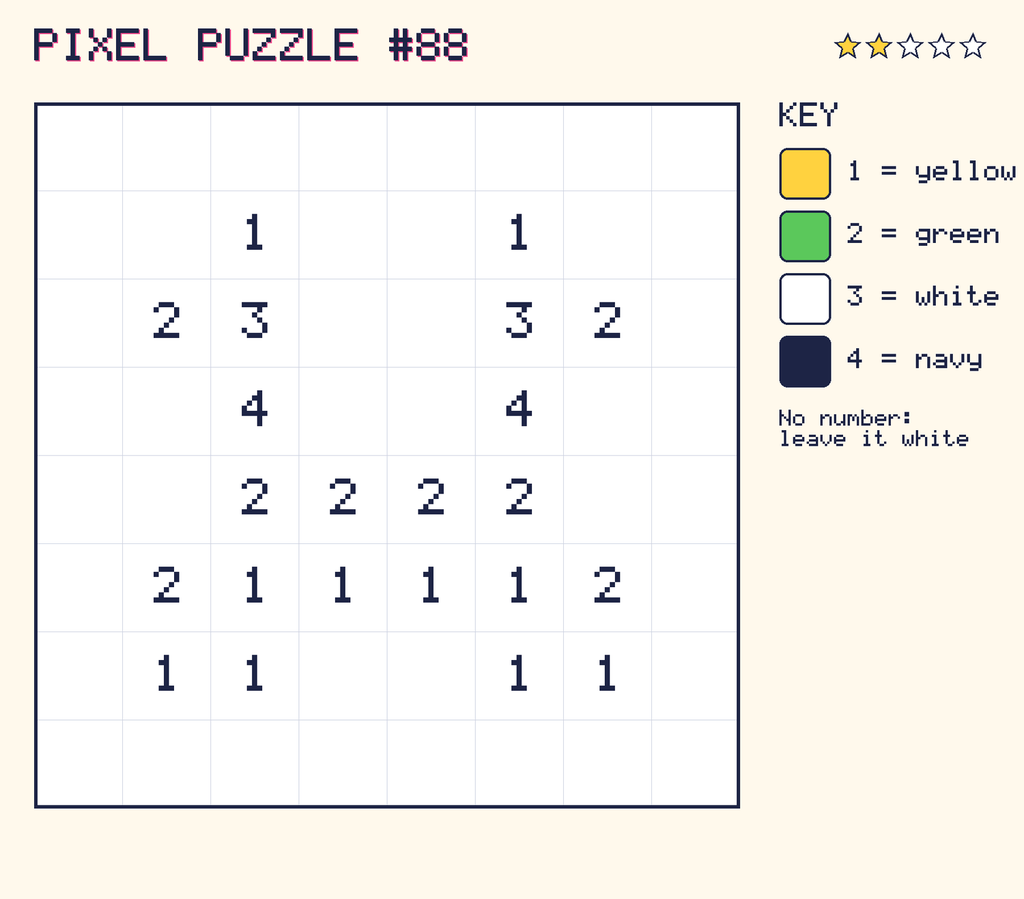 Pixel puzzle 88: a 8 by 8 number grid with a colour key.