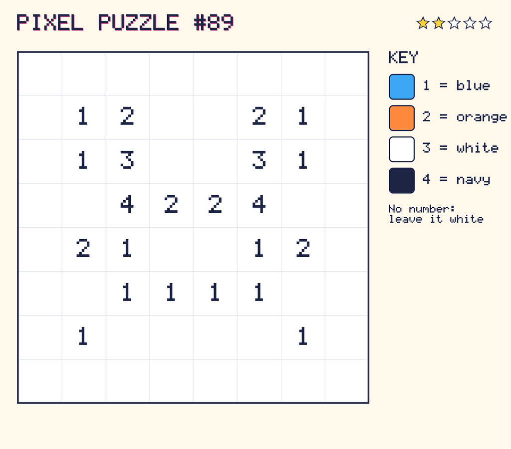 Pixel puzzle 89: a 8 by 8 number grid with a colour key.