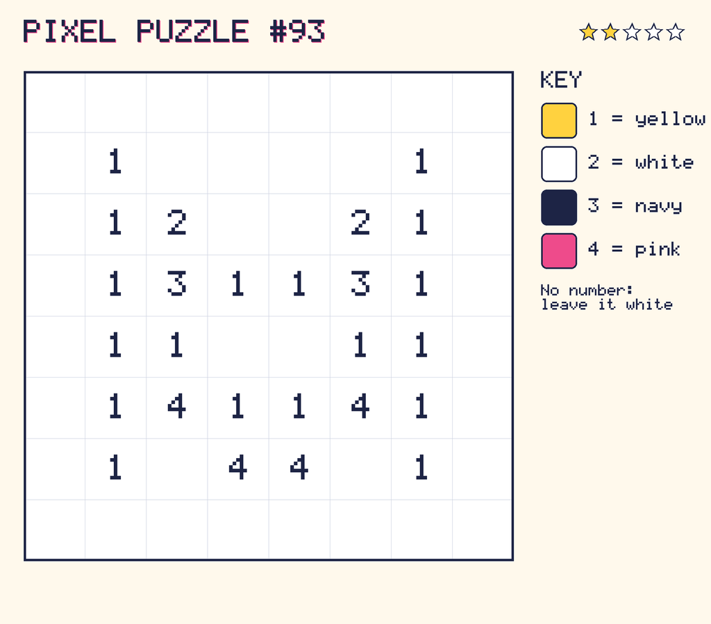 Pixel puzzle 93: a 8 by 8 number grid with a colour key.