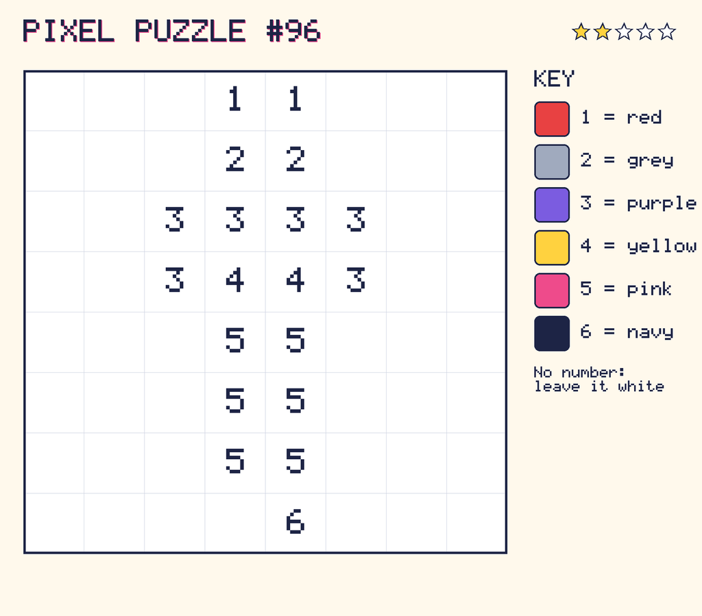Pixel puzzle 96: a 8 by 8 number grid with a colour key.