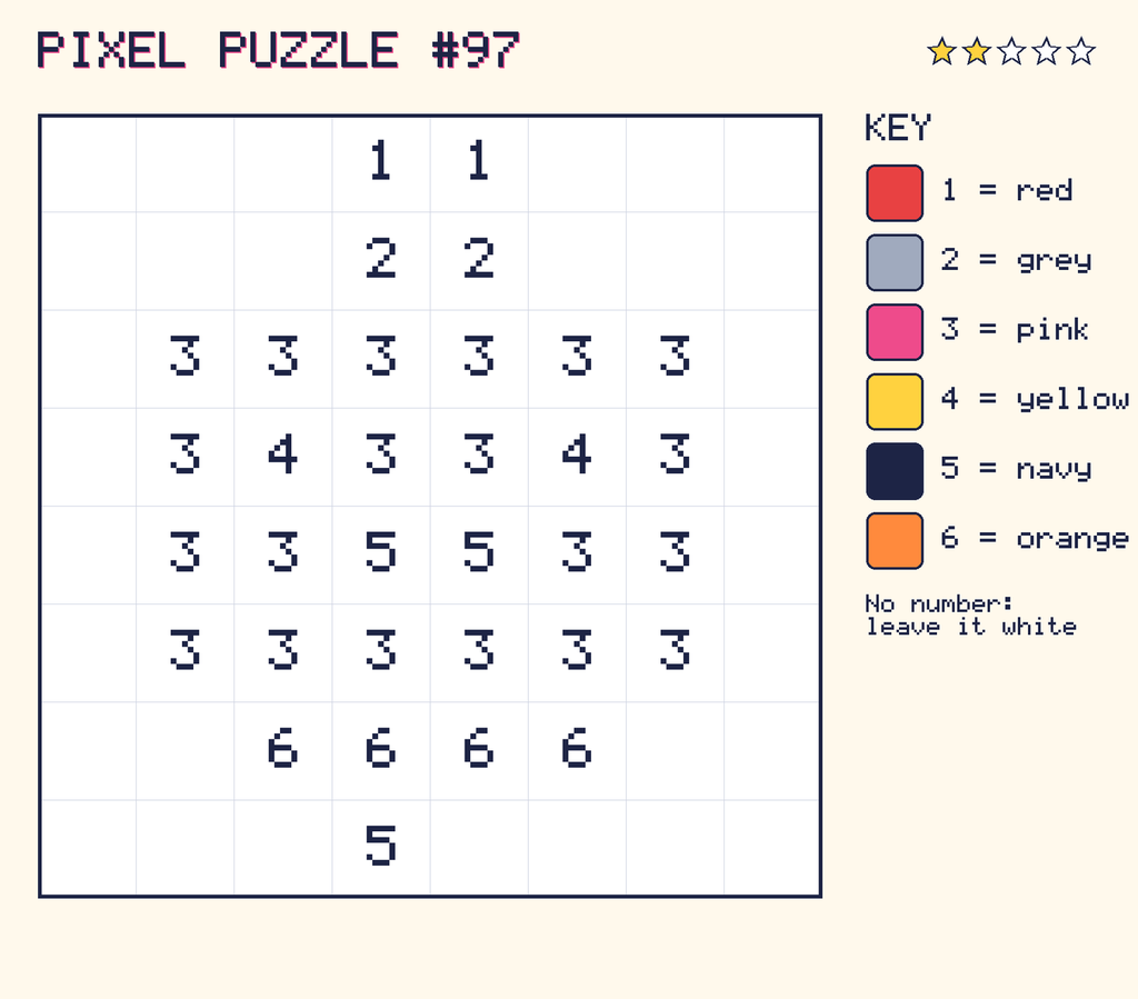 Pixel puzzle 97: a 8 by 8 number grid with a colour key.