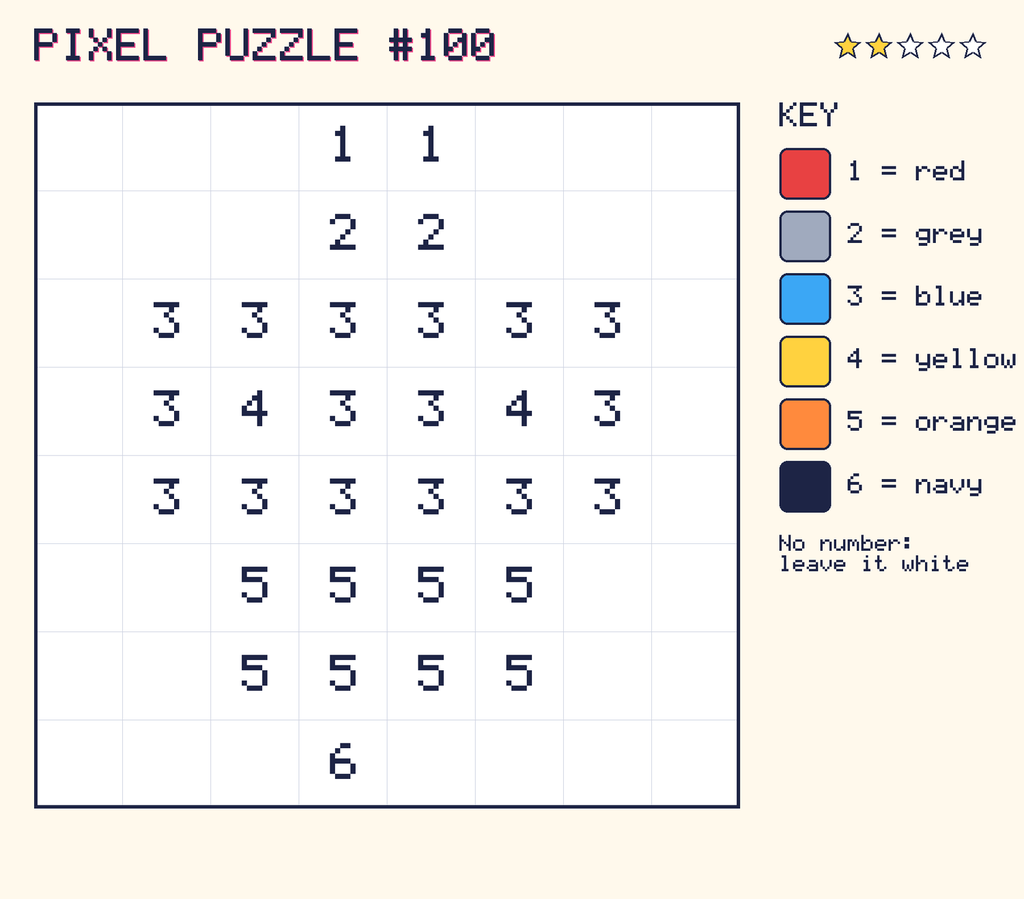 Pixel puzzle 100: a 8 by 8 number grid with a colour key.