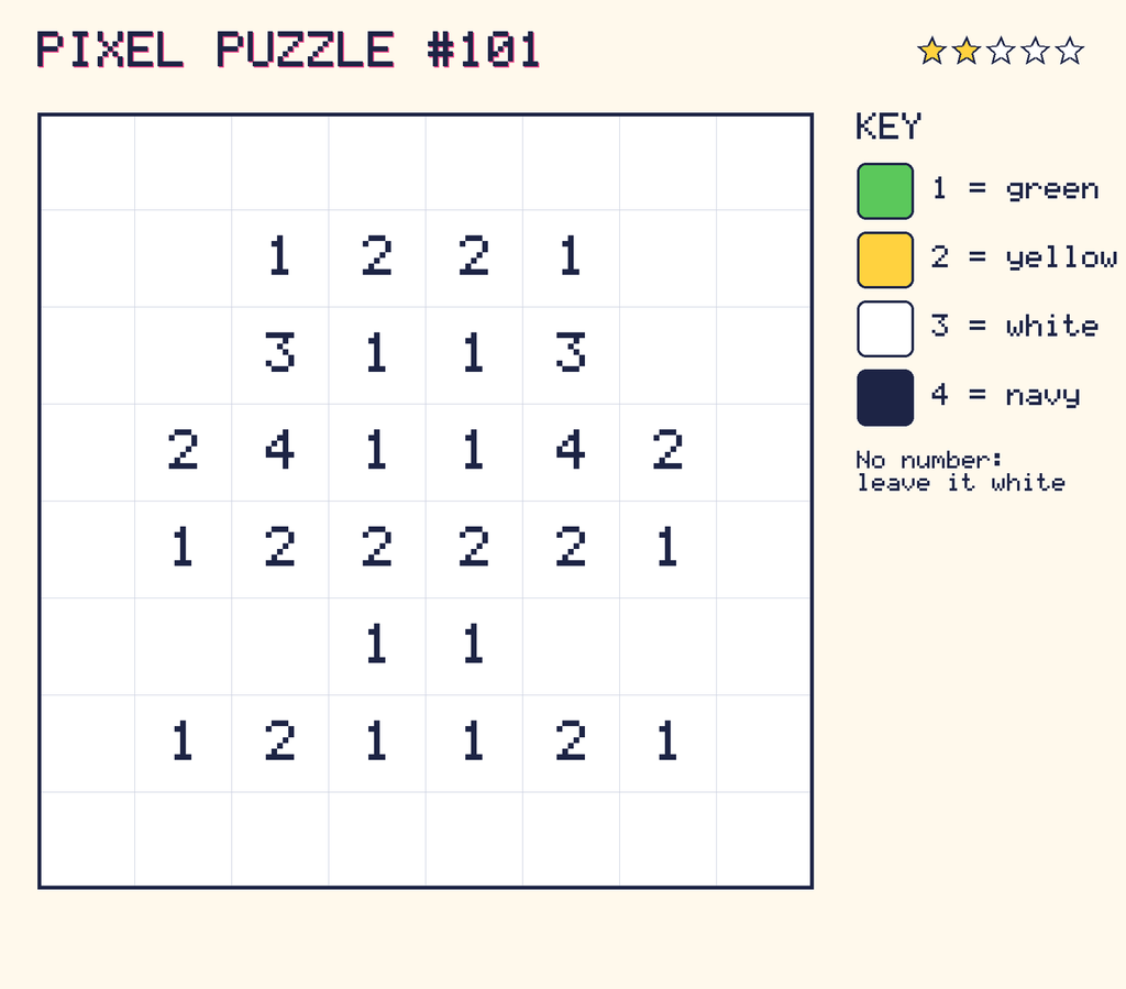 Pixel puzzle 101: a 8 by 8 number grid with a colour key.