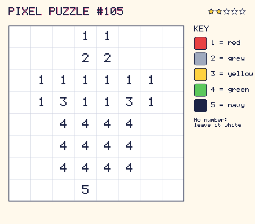 Pixel puzzle 105: a 8 by 8 number grid with a colour key.