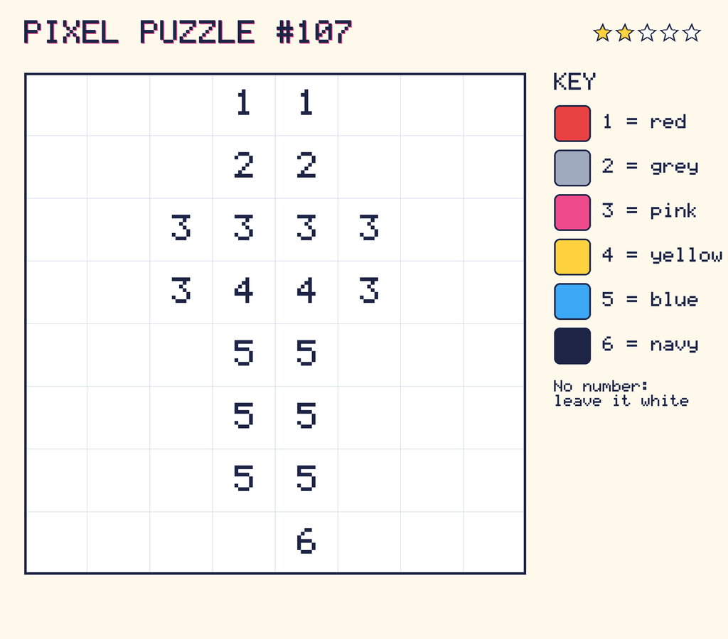 Pixel puzzle 107: a 8 by 8 number grid with a colour key.