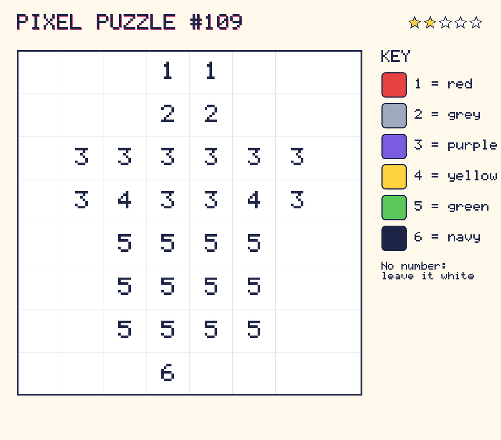Pixel puzzle 109: a 8 by 8 number grid with a colour key.