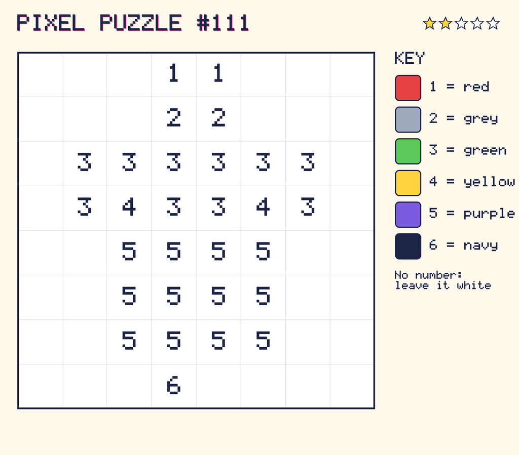 Pixel puzzle 111: a 8 by 8 number grid with a colour key.