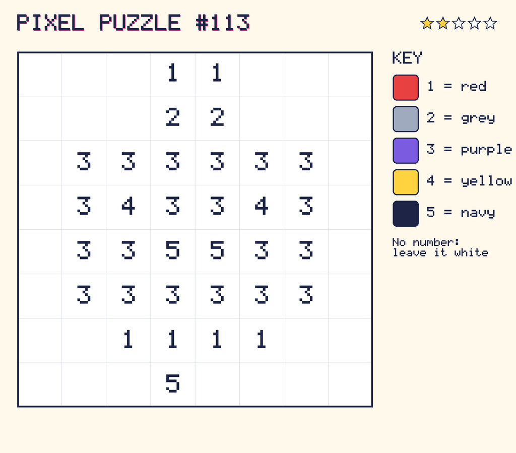 Pixel puzzle 113: a 8 by 8 number grid with a colour key.