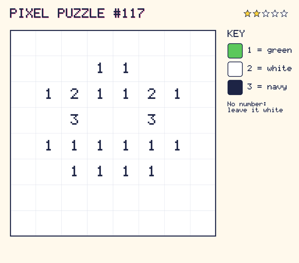 Pixel puzzle 117: a 8 by 8 number grid with a colour key.