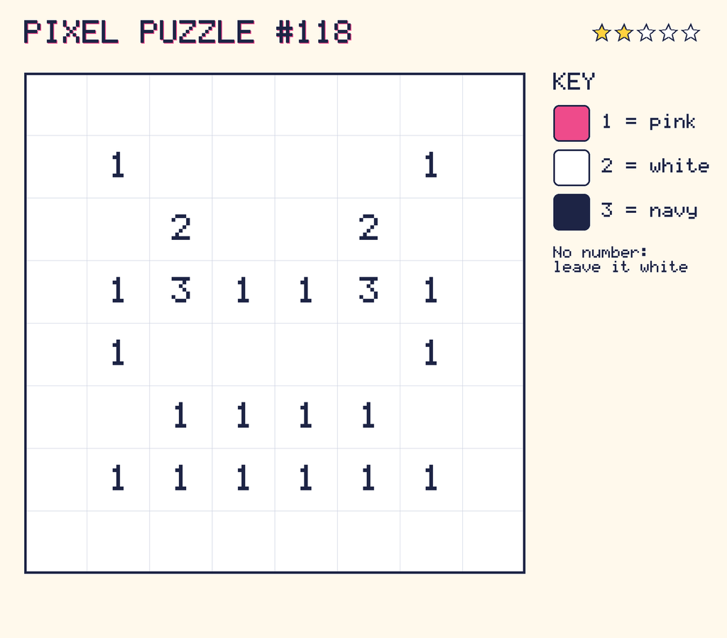 Pixel puzzle 118: a 8 by 8 number grid with a colour key.