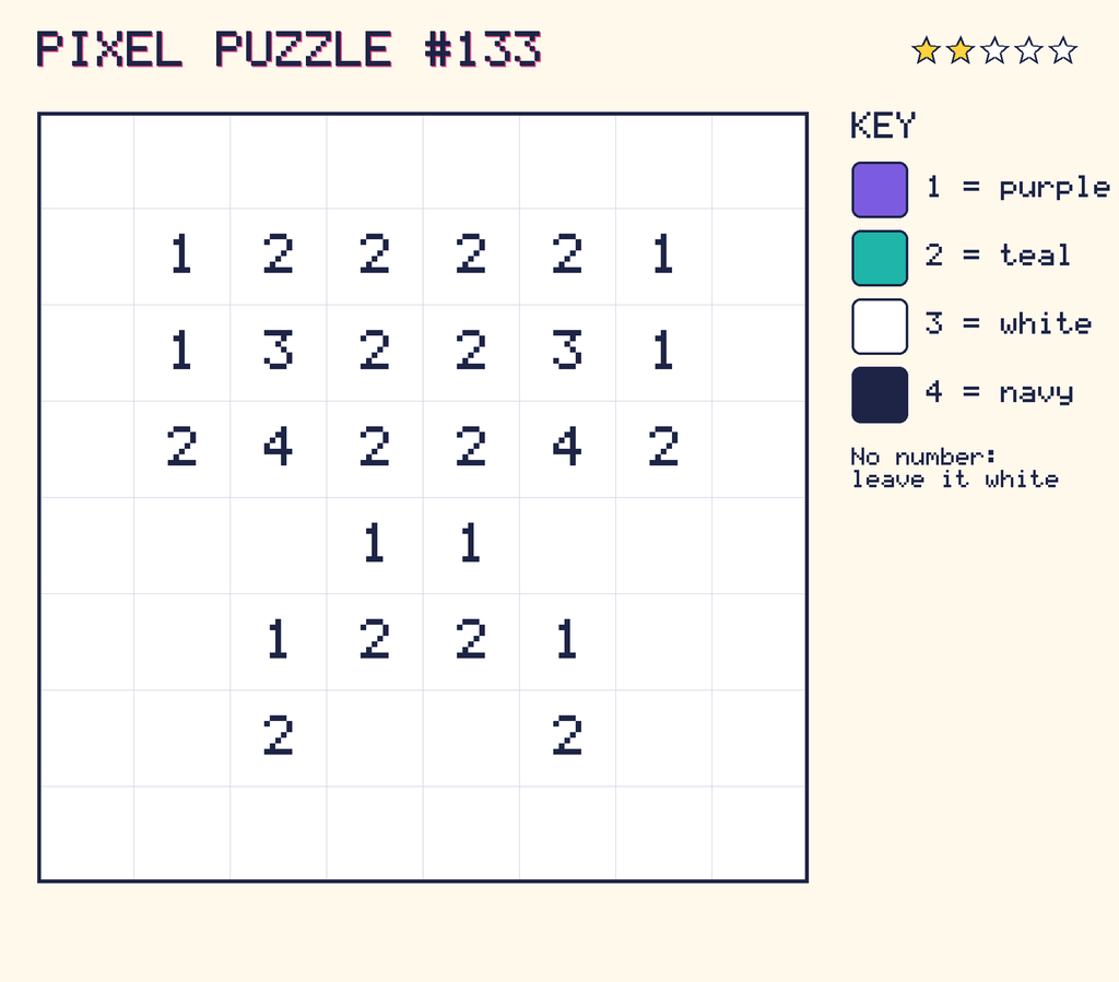 Pixel puzzle 133: a 8 by 8 number grid with a colour key.