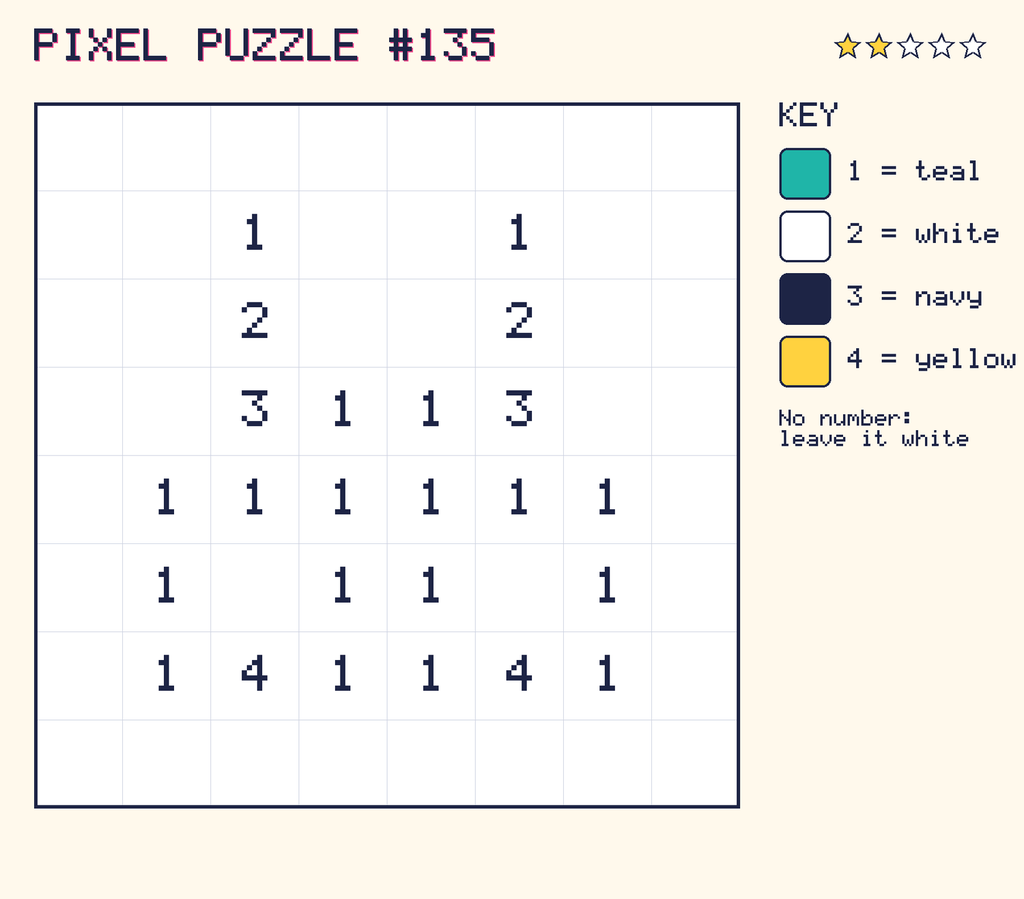 Pixel puzzle 135: a 8 by 8 number grid with a colour key.