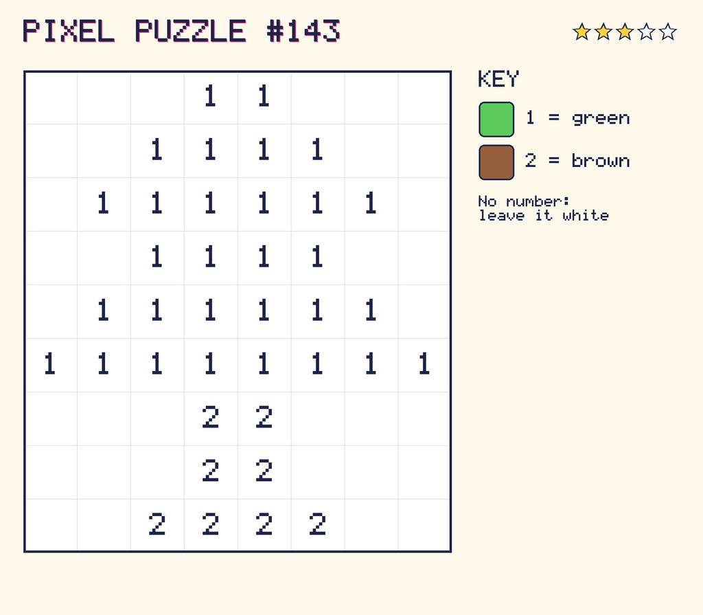 Pixel puzzle 143: a 8 by 9 number grid with a colour key.
