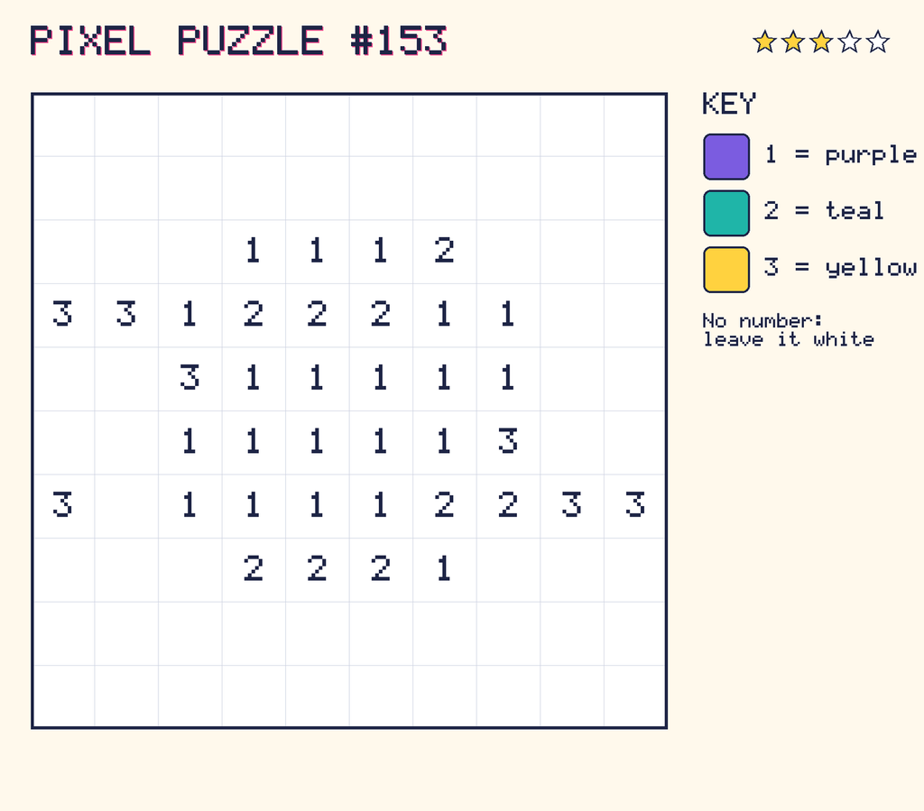 Pixel puzzle 153: a 10 by 10 number grid with a colour key.