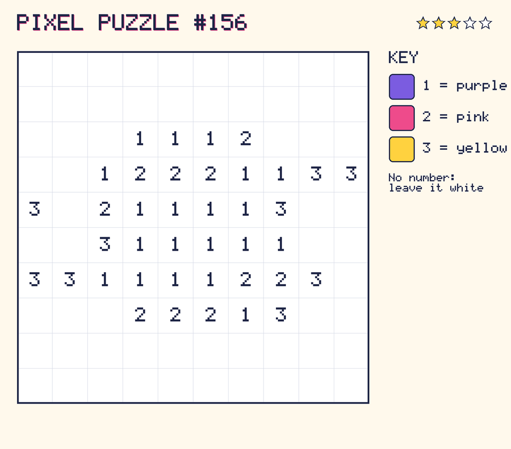 Pixel puzzle 156: a 10 by 10 number grid with a colour key.