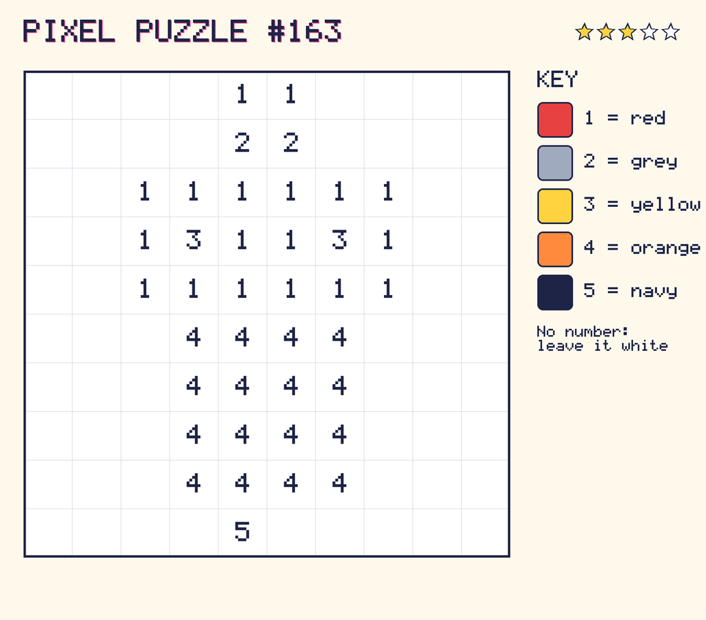 Pixel puzzle 163: a 10 by 10 number grid with a colour key.