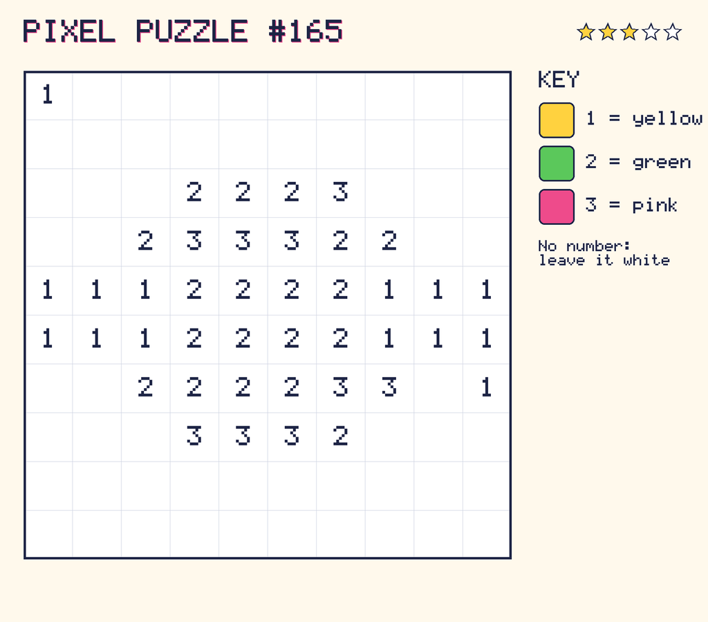 Pixel puzzle 165: a 10 by 10 number grid with a colour key.