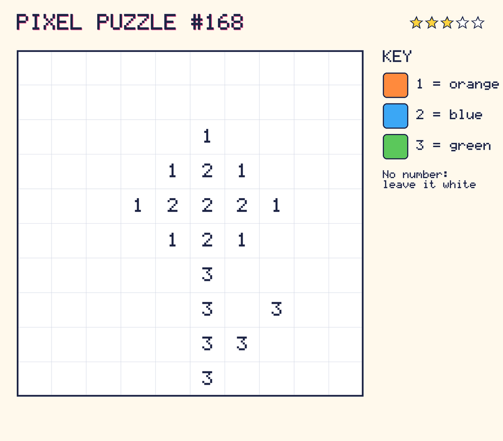 Pixel puzzle 168: a 10 by 10 number grid with a colour key.