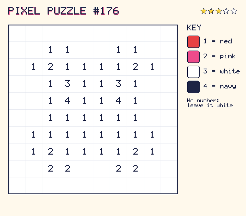 Pixel puzzle 176: a 10 by 10 number grid with a colour key.